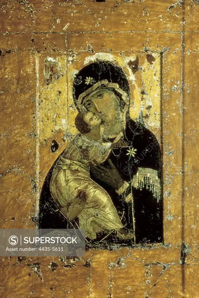 Our Lady of Vladimir. beg. 12th c. Icon moved from Constantinople to Kiev in 1136 and Vladimir in 1155. Iconographic type 'Eleusa' or 'Virgin of Tenderness'. Byzantine art. Tempera on wood. RUSSIA. MOSCOW. Moscow. Tretyakov Gallery.