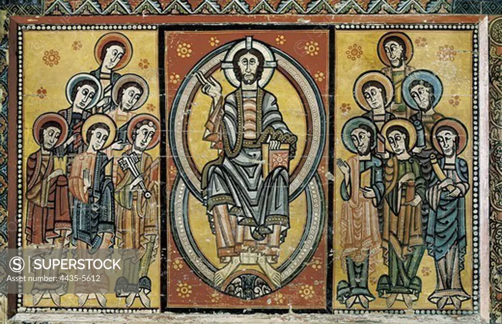 SEU D' URGELL, Master of (12th century). Altar Frontal from La Seu d'Urgell, also known as the Apostles Frontal. 1st half 12th c. On this frontal, the Maiestas Domini is inscribed within a double mandorla, a frequent characteristic in models of Carolingian  inspiration. On the sides are represented the Apostles. Romanesque art. Painting. SPAIN. CATALONIA. Barcelona. National Art Museum of Catalonia.