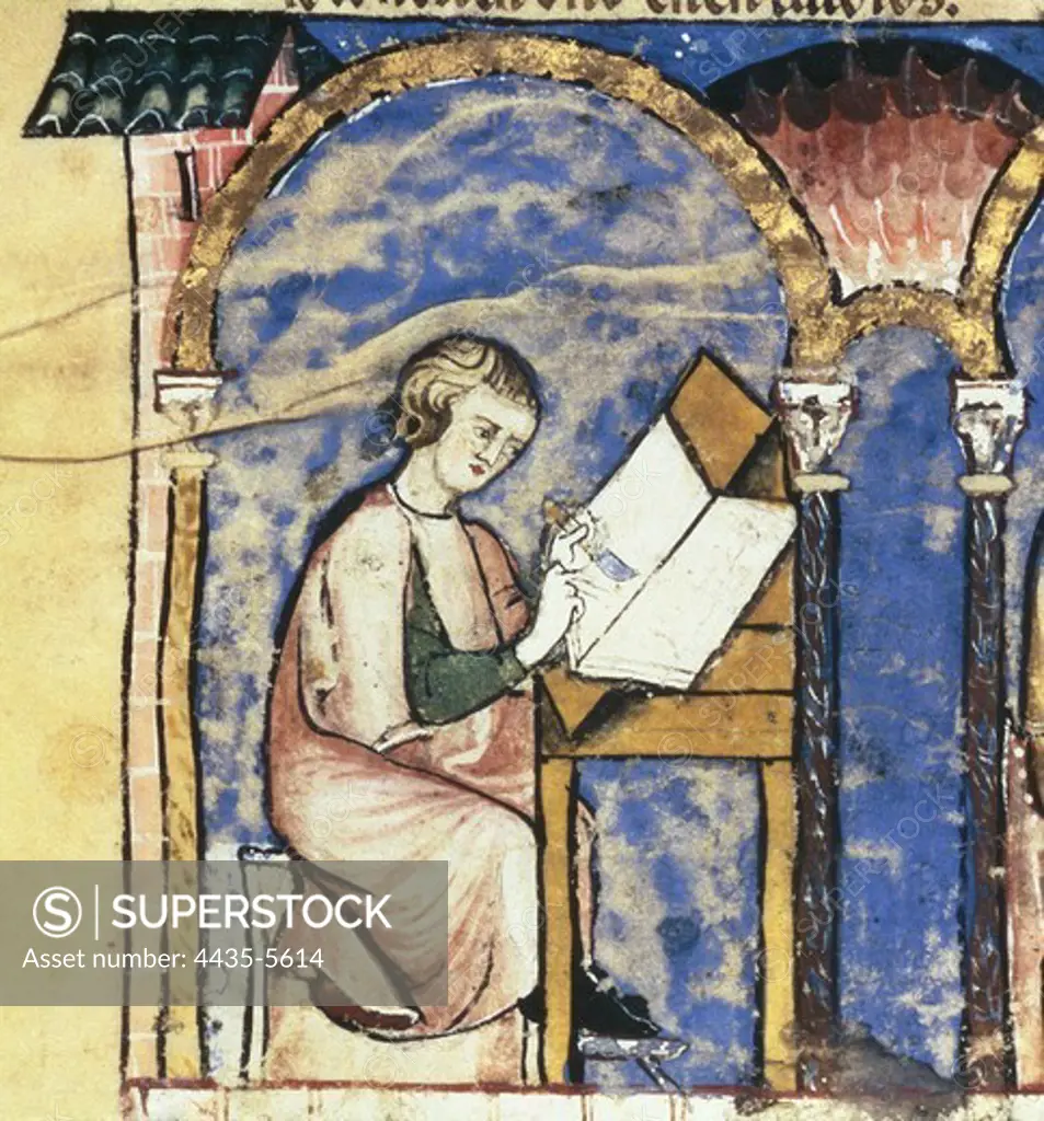 Alfonso X, called 'The Wise' (1221-1284). Book of Chess, Dice and Tables. 1283. Fol. 1v. Monks, amanuensis, copyists. Romanesque art. Miniature Painting. SPAIN. MADRID (AUTONOMOUS COMMUNITY). San Lorenzo de El Escorial. Royal Library of the Monastery of El Escorial.