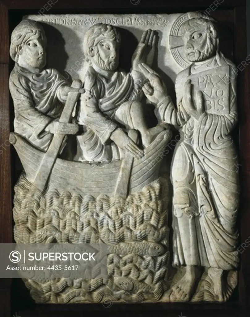 CABESTANY, Master of (12th century). Apparition of Jesus to his disciples by the sea. ca. 1175. Romanesque art. Relief on marble. SPAIN. CATALONIA. Barcelona. Frederic Mares Museum. Proc: SPAIN. CATALONIA. GERONA. Port de la Selva. Monastery of Sant Pere de Rodes.