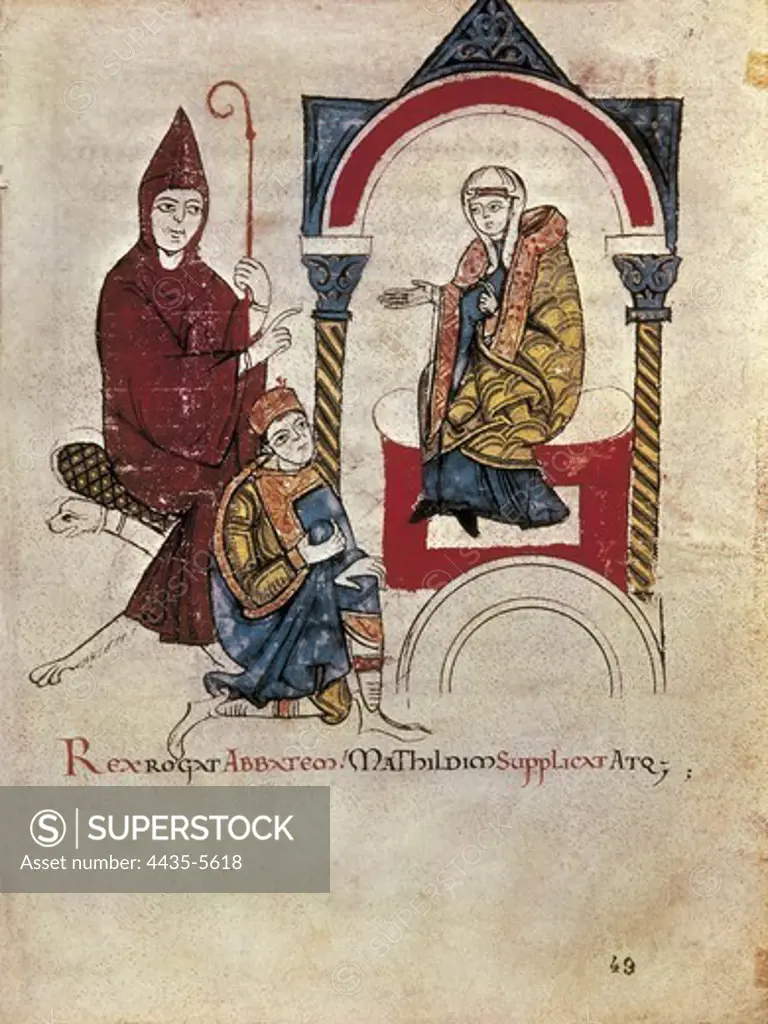 Vita Mathildis. Ms Lat 4922. 1114. Emperor Henry IV, kneeling before Matilda of Tuscany in the presence of the abbot Hug of Cluny, asking her to intercede for him with the Pope Gregory VII  (1077). Romanesque art. Miniature Painting. VATICAN CITY. Bibliotheca Apostolica Vaticana (Vatican Library).