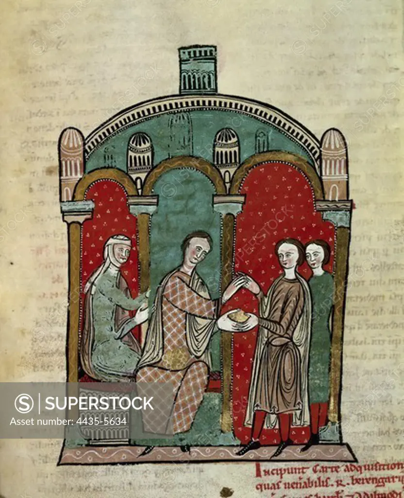 Liber Feudorum Maior. end 12th c. Royal cartulary carried out after Alfonso the Chaste's order. Folio b3 bis back, with the depiction of Queen Almodis, RamÑn Berenguer and RamÑn Calders. Romanesque art. Miniature Painting. SPAIN. CATALONIA. Barcelona. Royal Archive of the Crown of Aragon.