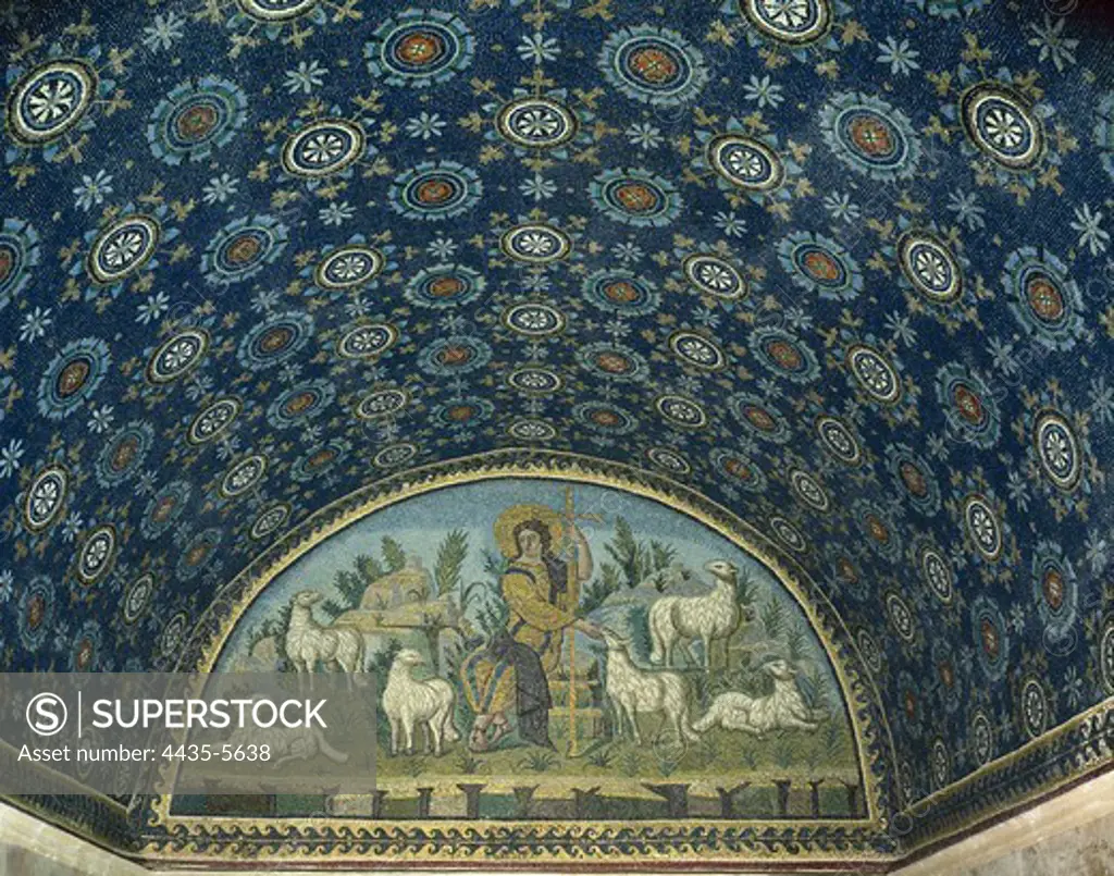 The Good Shepherd. 5th c. ITALY. Ravenna. Mausoleum of Galla Placidia. Paleo-christian art. Mosaic.