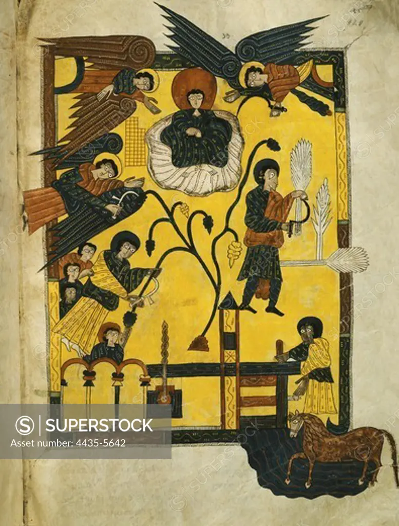 Escorial Beatus. 950 - 955. Cod & II. 5. Folio 120 r. Vision of the Son of Man and the Three Angels in the eschatological harvest and vintage. (Rev. XIV, 14-20). Codex with the Commentary on the Apocalypse of St. John (776-786) of Beatus of Li_bana. Preromanesque art. Miniature Painting. SPAIN. MADRID (AUTONOMOUS COMMUNITY). San Lorenzo de El Escorial. Royal Library of the Monastery of El Escorial. Proc: SPAIN. LA RIOJA. San Millàn de la Cogolla.
