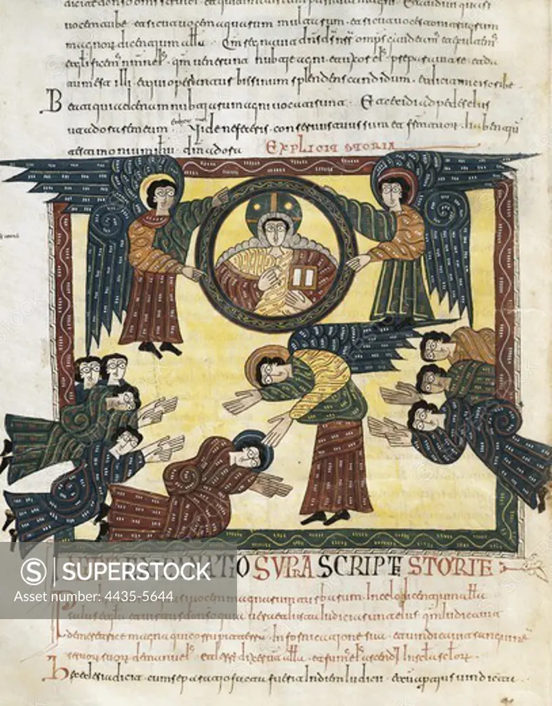 Escorial Beatus. 950 - 955. Cod & II. 5. Folio 142v. Final Theophany. The Angel rejects the worship of John and shows him the throne of God (Rev. XXII). Codex with the Commentary on the Apocalypse of St. John (776-786) of Beatus of Li_bana. Preromanesque art. Miniature Painting. SPAIN. MADRID (AUTONOMOUS COMMUNITY). San Lorenzo de El Escorial. Royal Library of the Monastery of El Escorial. Proc: SPAIN. LA RIOJA. San Millàn de la Cogolla.