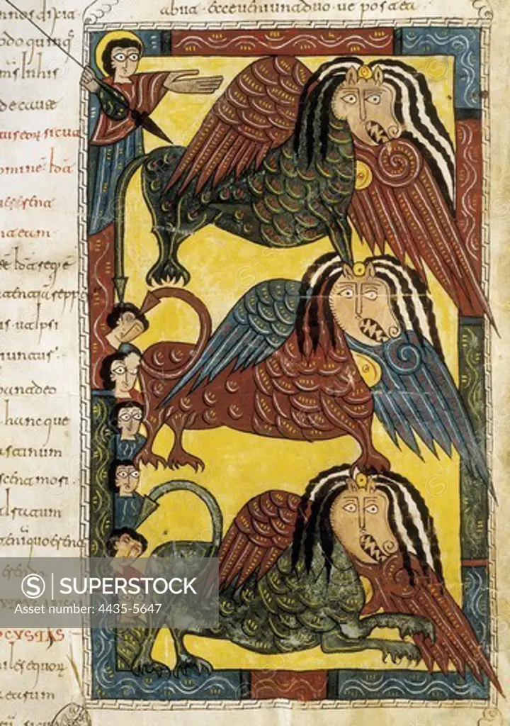 Escorial Beatus. 950 - 955. Cod & II. 5. Folio 96v. Fifth trumpet. Abbadon, the angel of the abyss and the infernal locusts invade the earth (Rev. 9, 1-12). Codex with the Commentary on the Apocalypse of St. John (776-786) of Beatus of Li_bana. Preromanesque art. Miniature Painting. SPAIN. MADRID (AUTONOMOUS COMMUNITY). San Lorenzo de El Escorial. Royal Library of the Monastery of El Escorial. Proc: SPAIN. LA RIOJA. San Millàn de la Cogolla.