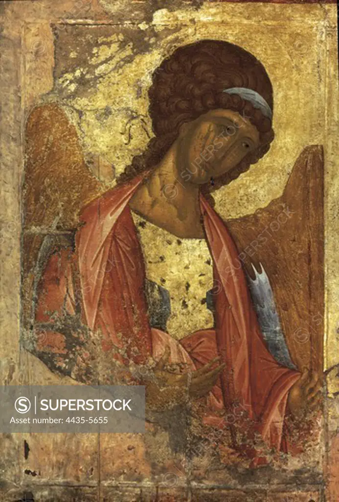 RUBLYOV, Andrey (1360-1430). Archangel Michael. ca. 1410. Belongs to the series Deisus Chin from Zvenigorod. Byzantine art. Tempera on wood. RUSSIA. MOSCOW. Moscow. Tretyakov Gallery.