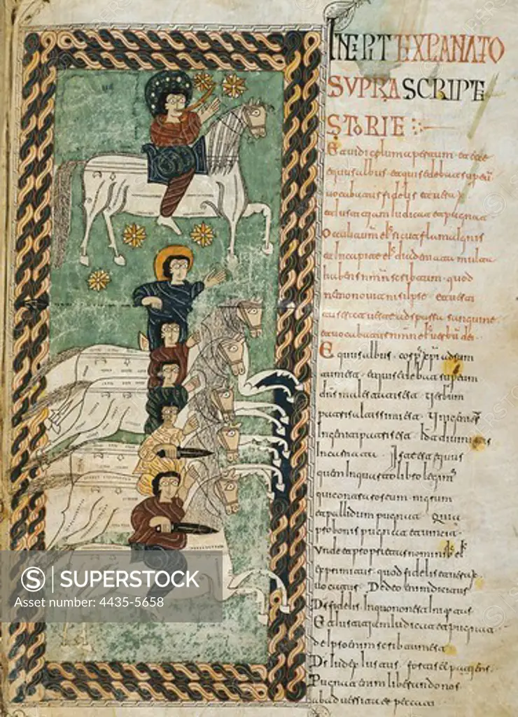 Escorial Beatus. 950 - 955. Cod & II. 5. Folio 144r. Faithful and True Rider, with a sword in his mouth, and the White Army of God (Rev. XIX, 11-16). Codex with the Commentary on the Apocalypse of St. John (776-786) of Beatus of Li_bana. Preromanesque art. Miniature Painting. SPAIN. MADRID (AUTONOMOUS COMMUNITY). San Lorenzo de El Escorial. Royal Library of the Monastery of El Escorial. Proc: SPAIN. LA RIOJA. San Millàn de la Cogolla.