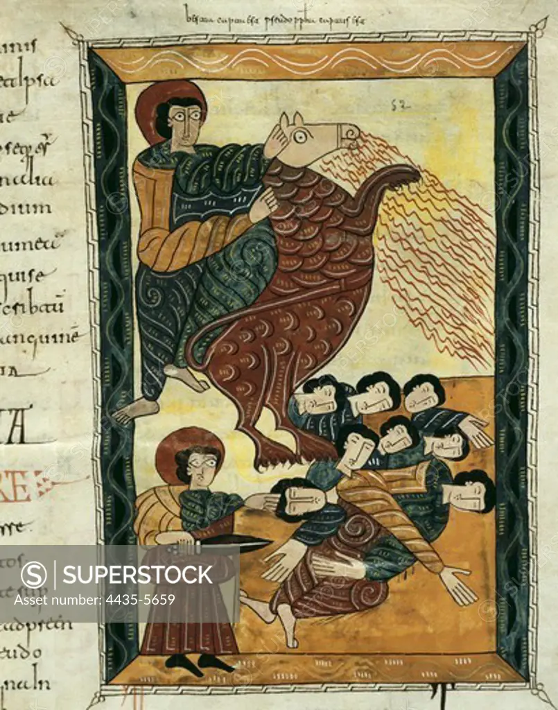 Escorial Beatus. 950 - 955. Cod & II. 5. Folio 150r. Death of the Beast and the enemies of God. Codex with the Commentary on the Apocalypse of St. John (776-786) of Beatus of Li_bana. Preromanesque art. Miniature Painting. SPAIN. MADRID (AUTONOMOUS COMMUNITY). San Lorenzo de El Escorial. Royal Library of the Monastery of El Escorial. Proc: SPAIN. LA RIOJA. San Millàn de la Cogolla.