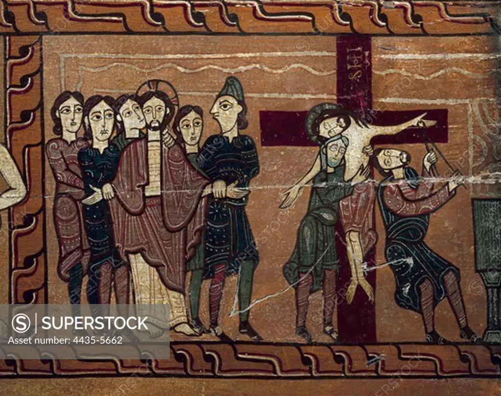 Kiss of Judas, Arrest and Descent of Christ. end 12th c. Altar side. Right detail. Romanesque art. Tempera on wood. SPAIN. CATALONIA. LLEIDA. Solsona. Diocesan and Regional Museum. Proc: SPAIN. CATALONIA. BARCELONA. Sagös. Church of Sant Andreu of Sagös.