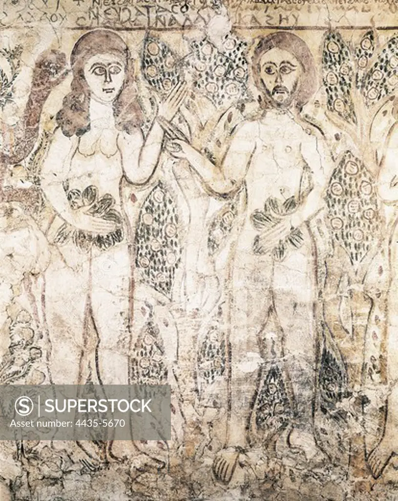 Adam and Eve. 10th c. Coptic art. Fresco. EGYPT. CAIRO. Cairo. Coptic Museum. Proc: EGYPT. AL-FAYYUM. Al-Fayum.
