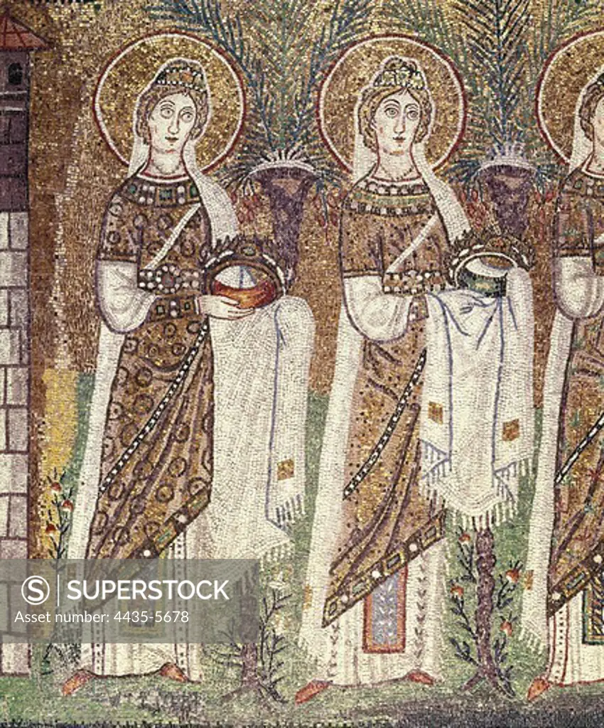 Virgins procession. 6th century. ITALY. Ravenna. San Apollinare Nuovo. Byzantine art. Mosaic.