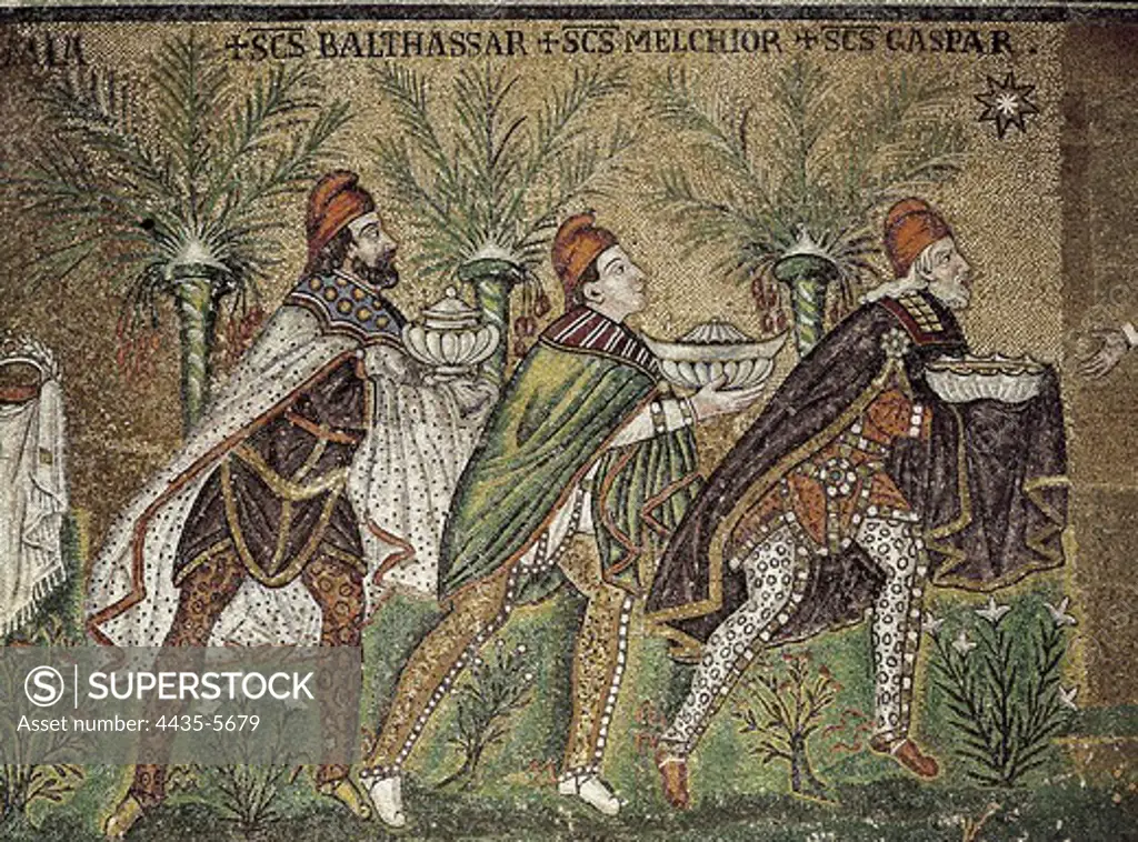 Adoration of the Kings. 6th c. ITALY. Ravenna. San Apollinare Nuovo. Early Byzantine art. Mosaic.