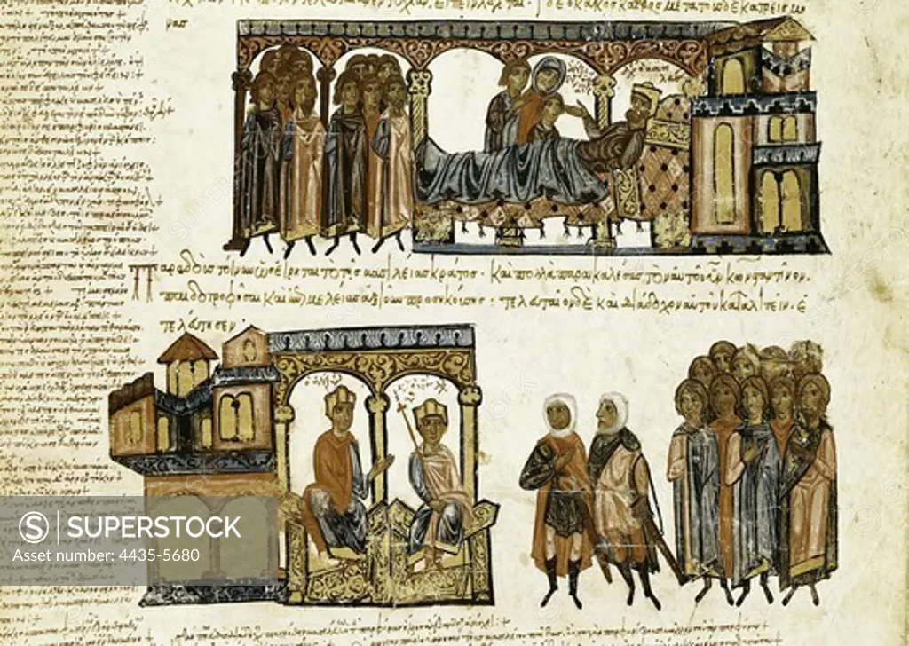 SKYLITZER, John (9th century). Madrid Skylitzes 'Synopsis historiarum'. Synopsis of Histories about the reigns of the Byzantine emperors. 12th c. Leo VI names his brother Alexander as successor (Alexander III) . Alexander, names his nephew Constantine (Constantine VII). Manuscript produced in Sicily. Byzantine art. Miniature Painting. SPAIN. MADRID (AUTONOMOUS COMMUNITY). Madrid. National Library.