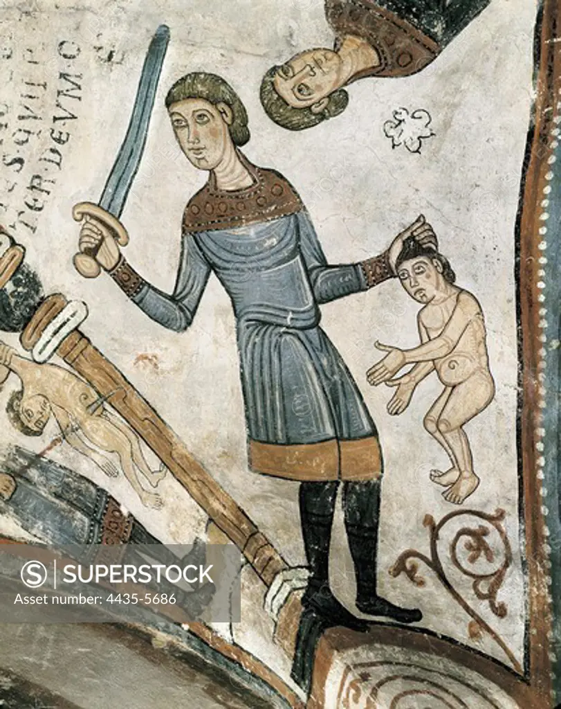 Royal Collegiate Church of San Isidoro. Royal Pantheon. 12th c. SPAIN. LeÑn. Royal Collegiate Church of San Isidoro. Detail of the vault of the Massacre of the Innocents. Herod's soldier. Romanesque art. Fresco.