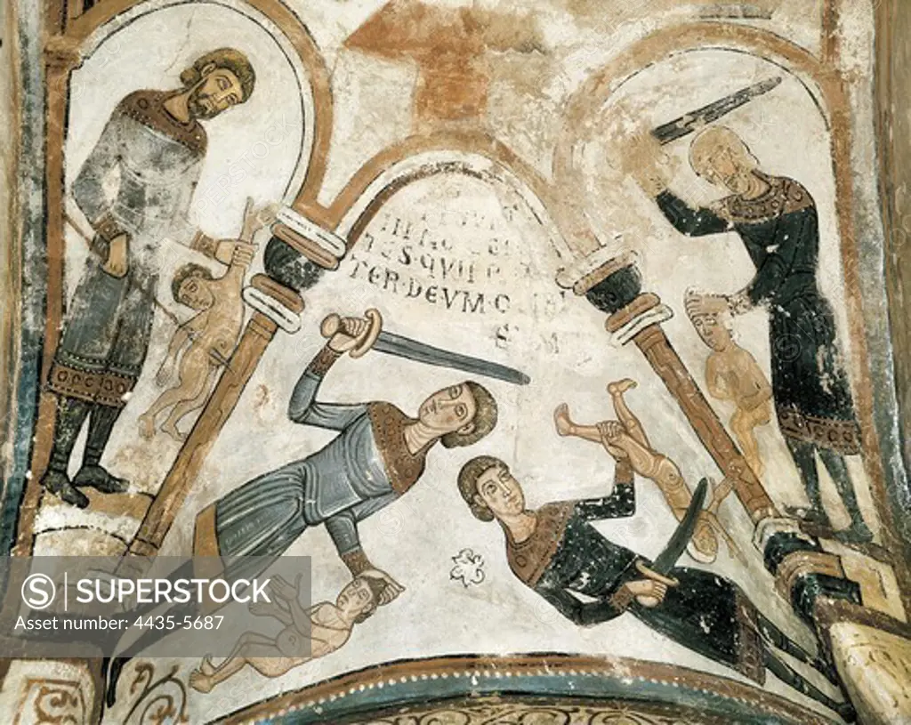 Royal Collegiate Church of San Isidoro. Royal Pantheon. 12th c. SPAIN. LeÑn. Royal Collegiate Church of San Isidoro. Detail of the vault of the Massacre of the Innocents. Herod's soldiers. Romanesque art. Fresco.