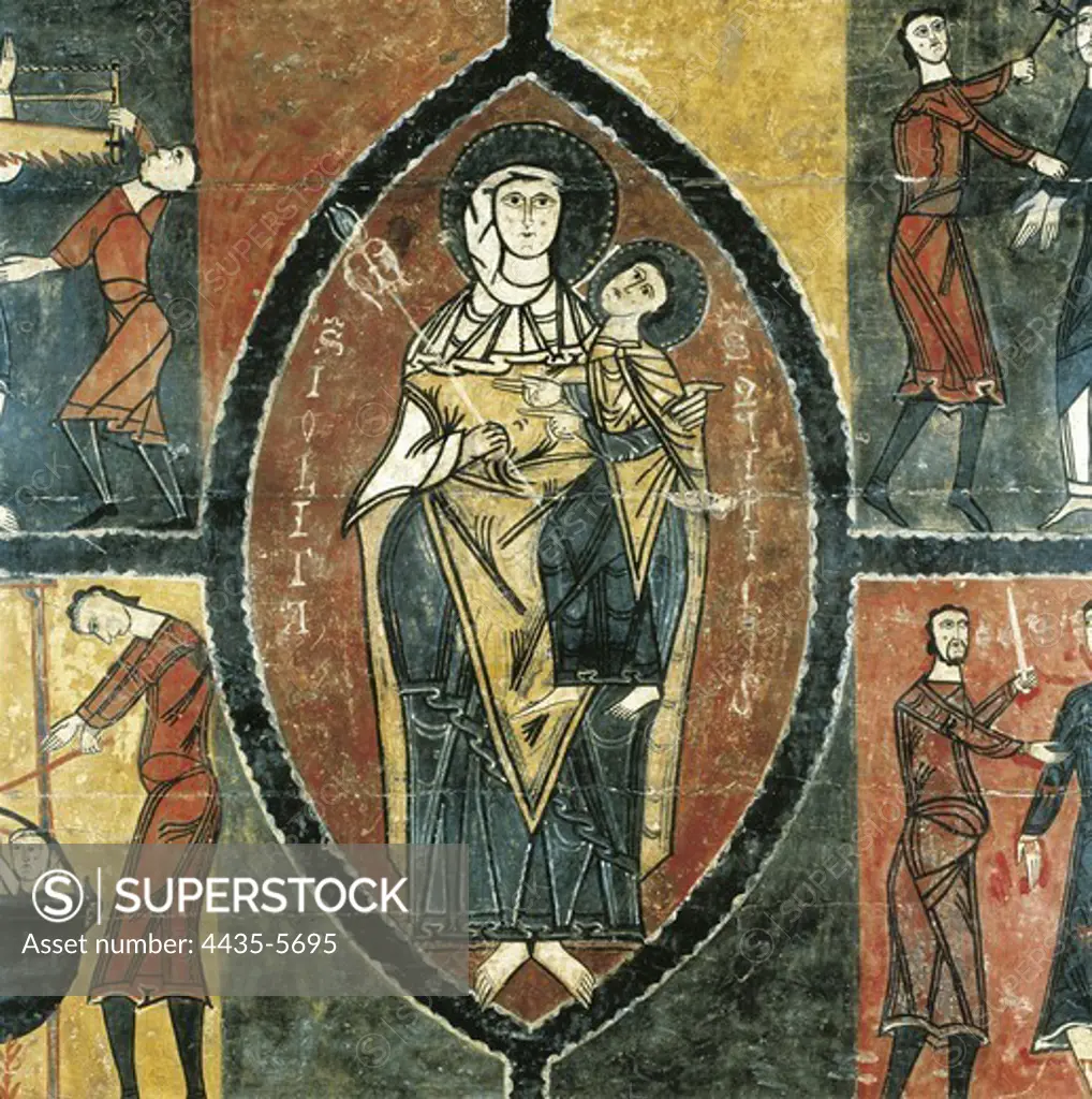 Altar frontal from Durro. 11th c. Detail. Romanesque art. Tempera on wood. SPAIN. CATALONIA. Barcelona. National Art Museum of Catalonia. Proc: SPAIN. CATALONIA. LLEIDA. Vall de BoÕ. Durro. Church of St. Quirs and St. Julita.