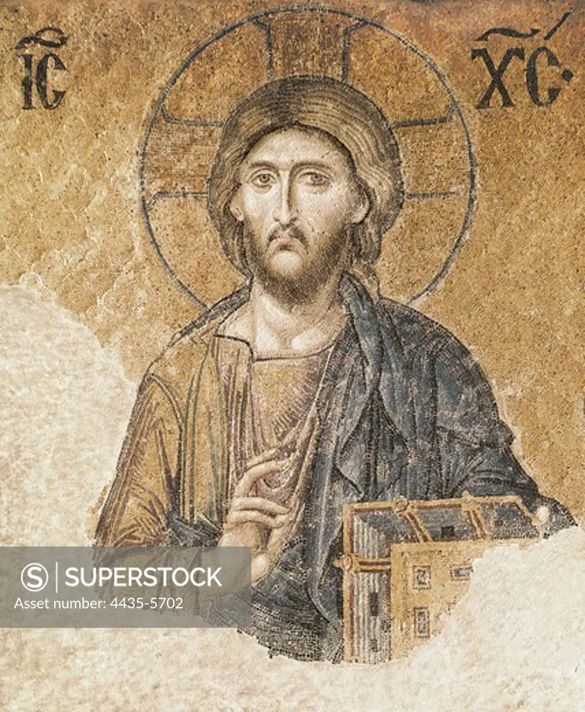 Deesis Mosaic. 13th c. TURKEY. Istanbul. Hagia Sophia (Basilica of St. Sophia). Detail of Christ Pantocrator. Work located at the southern side of the higher gallery. Late Byzantine art. Mosaic.