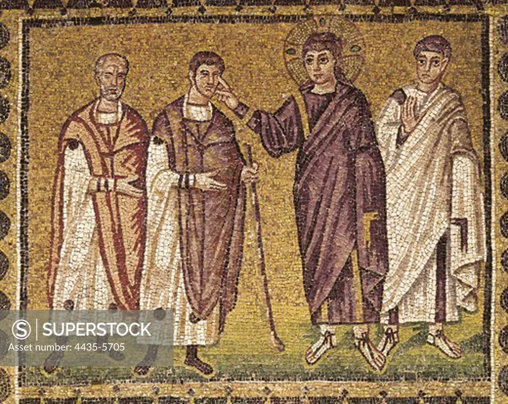 ITALY. Ravenna. San Apollinare Nuovo. Recovery of blind men of Jericho (6th c.). Upper section of the left wall of the main nave. Byzantine art. Mosaic.