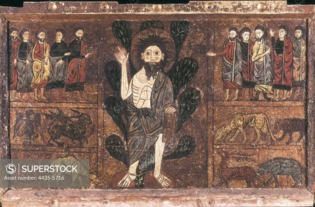 Frontal from Gesera. 13th c. Representation of the preaching of Saint John the Baptist in the desert. Romanesque art. Tempera on wood. SPAIN. CATALONIA. Barcelona. National Art Museum of Catalonia. Proc: SPAIN. ARAGON. HUESCA. SabiÐànigo. Gesera.