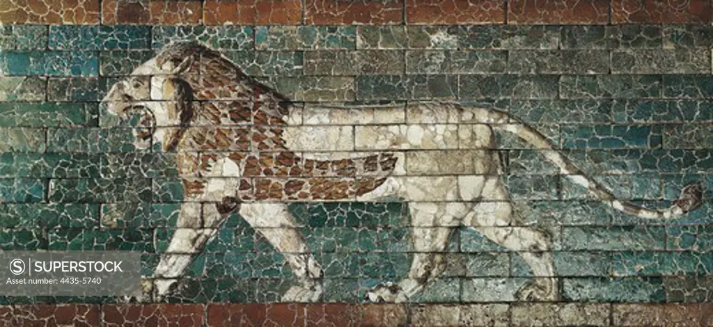 Lion representing Ishtar, frieze from the processional way leading to the great Temple at Babylon. 604 BC - 562 BC. Babylonian art. Neo-Babylonian Art. Mosaic. FRANCE. ëLE-DE-FRANCE. Paris. Louvre Museum. Proc: IRAQ. Babylon.