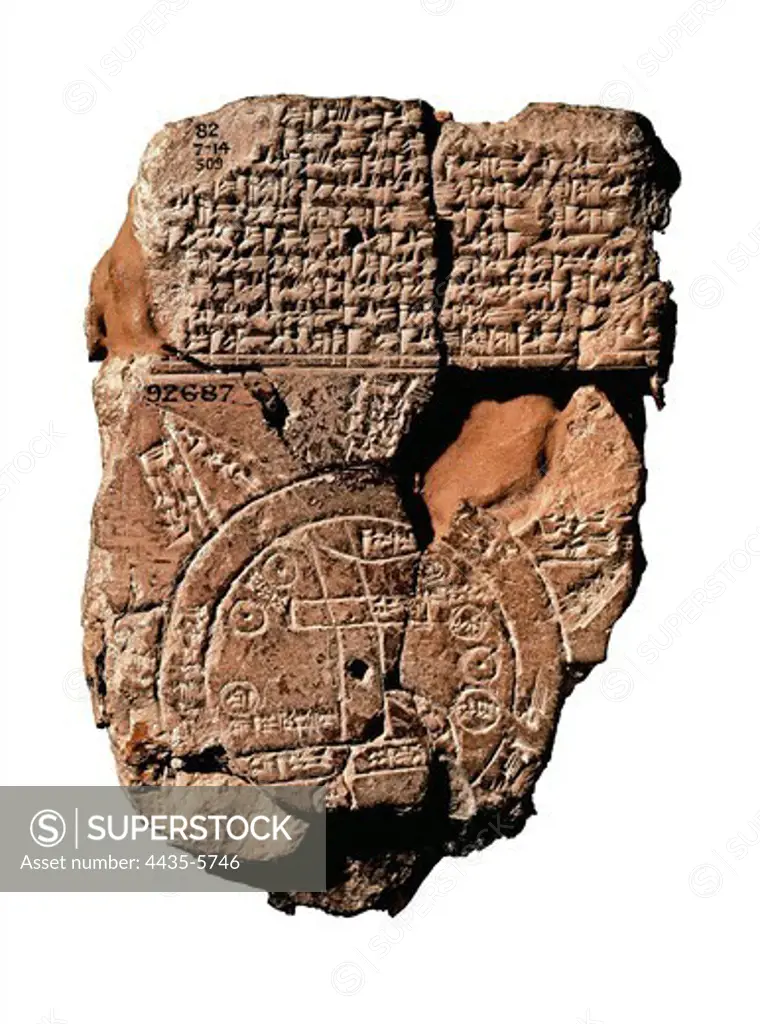 Map of the World. ca.  700 BC -  500 BC. Tablet with world map of the Mesopotamian world, with Babylon in the middle. Babylonian art. UNITED KINGDOM. ENGLAND. London. The British Museum. Proc: IRAQ. Tell Abu Habbah. Sippar.