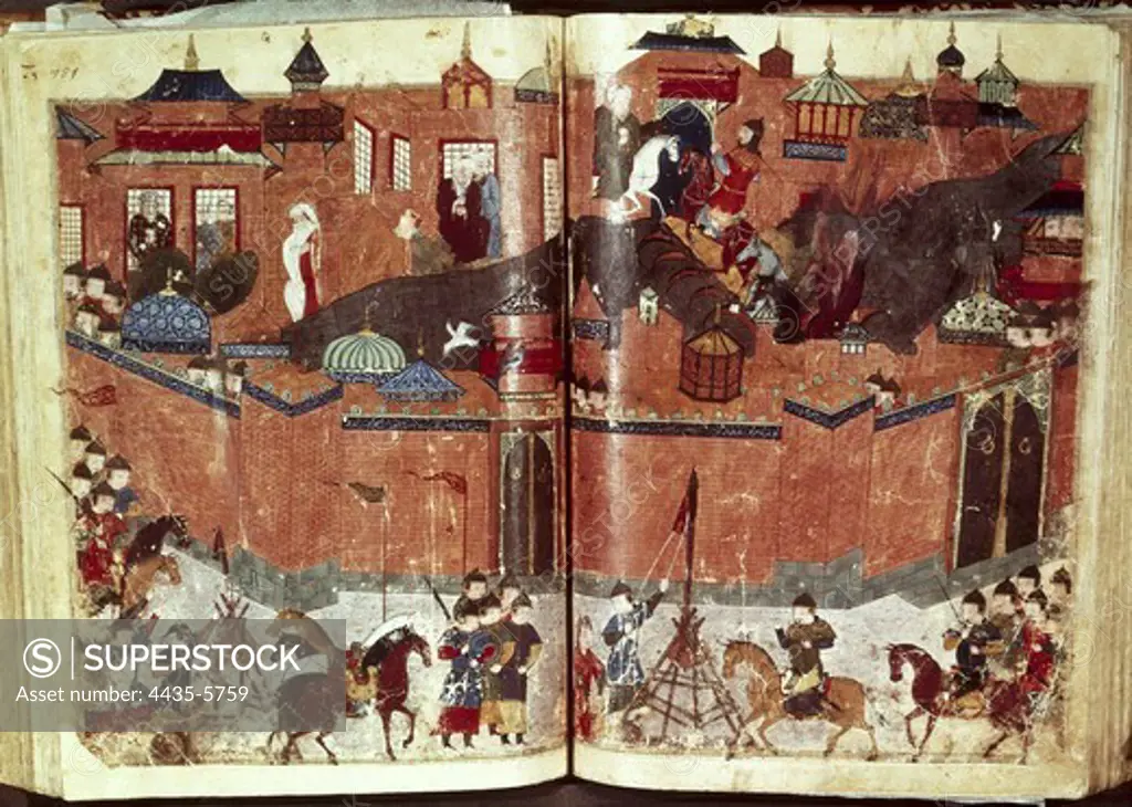 RASHID AL-DIN (1247 - 1318). Compendium of Chronicles (Jami' al-tawarikh). ca. 1307. Siege of Baghdad by the Mongol army of Hulagu or Hulegu Khan in 1258. Fol. 180v - 181. Illustration of the first section with the history of the Mongols. Edited 1430 ca. Persian art. Miniature Painting. FRANCE. ëLE-DE-FRANCE. Paris. National Library.