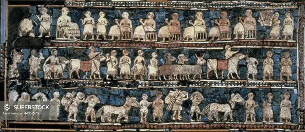 The Standard of Ur. 2600 -2400 BC. Peace panel. Babylonian art. Mosaic. UNITED KINGDOM. ENGLAND. London. The British Museum. Proc: IRAQ. Ur.