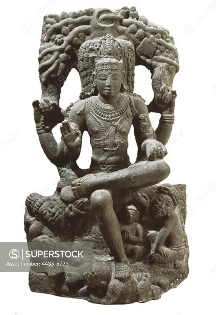 Shiva Vyakhyana daksinamurti. 12th-13th c. Granite. Hindu art. Sculpture. FRANCE. ëLE-DE-FRANCE. Paris. Guimet Museum. Proc: INDIA. TAMIL NADU.