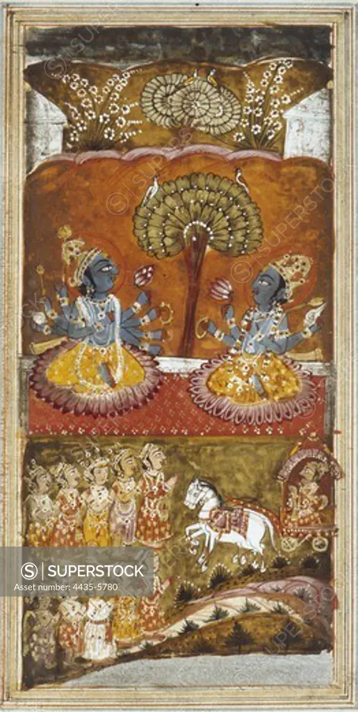 Illustration of the Bhagavata Purana, 18th c. Scene of the life of Krishna. Hindu art. Miniature Painting. FRANCE. ëLE-DE-FRANCE. Paris. National Library.