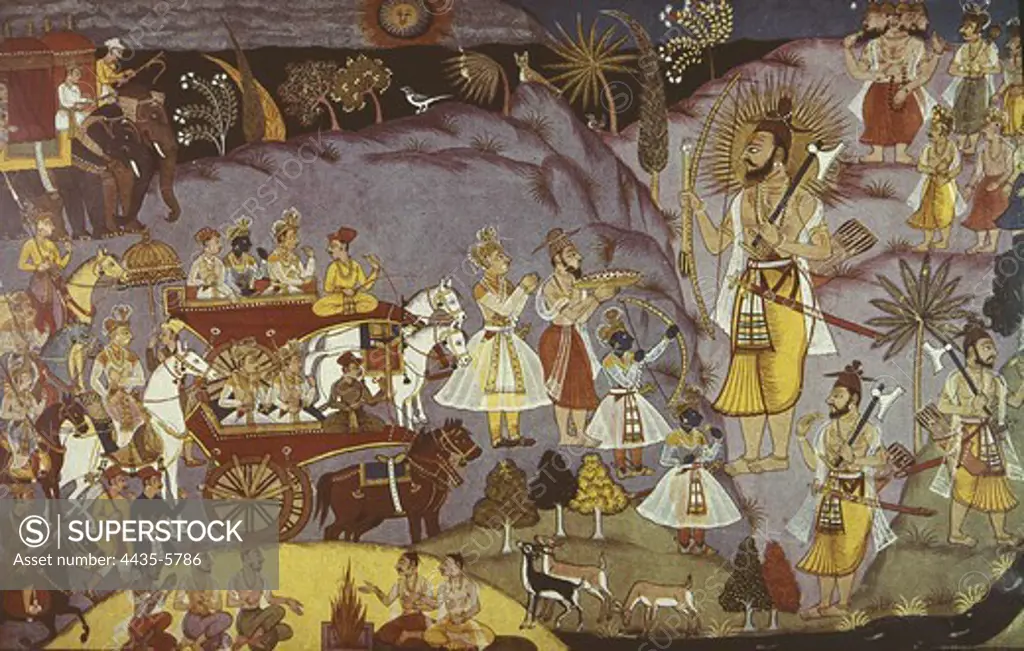 Meeting between Rama and Parasurama. Illustration from Bala Kanda, first book of Indian epic poem ' Valmiki Ramayana', 17th century. Hindu art. Miniature Painting.