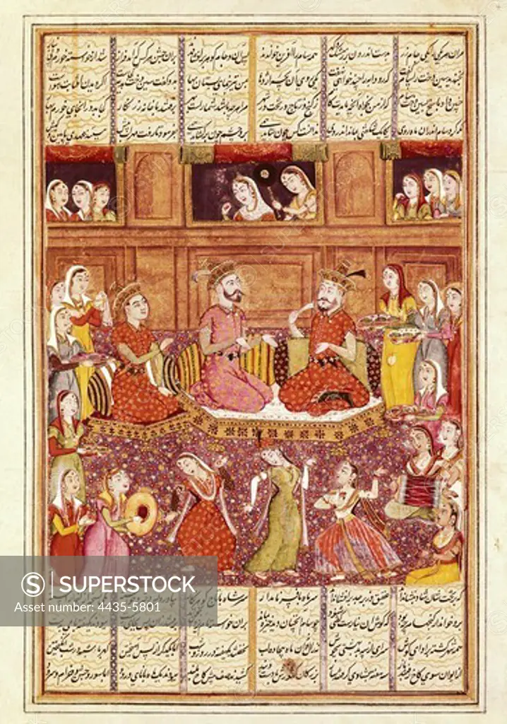 Shahnameh. The Book of Kings. 16th c. Zal meets Mihrab of Kabul. Gouache on paper. F04v. Persian art. Safavid period. Miniature Painting. FRANCE. PICARDY. OISE. Chantilly. MusŽe CondŽ (CondŽ Museum).