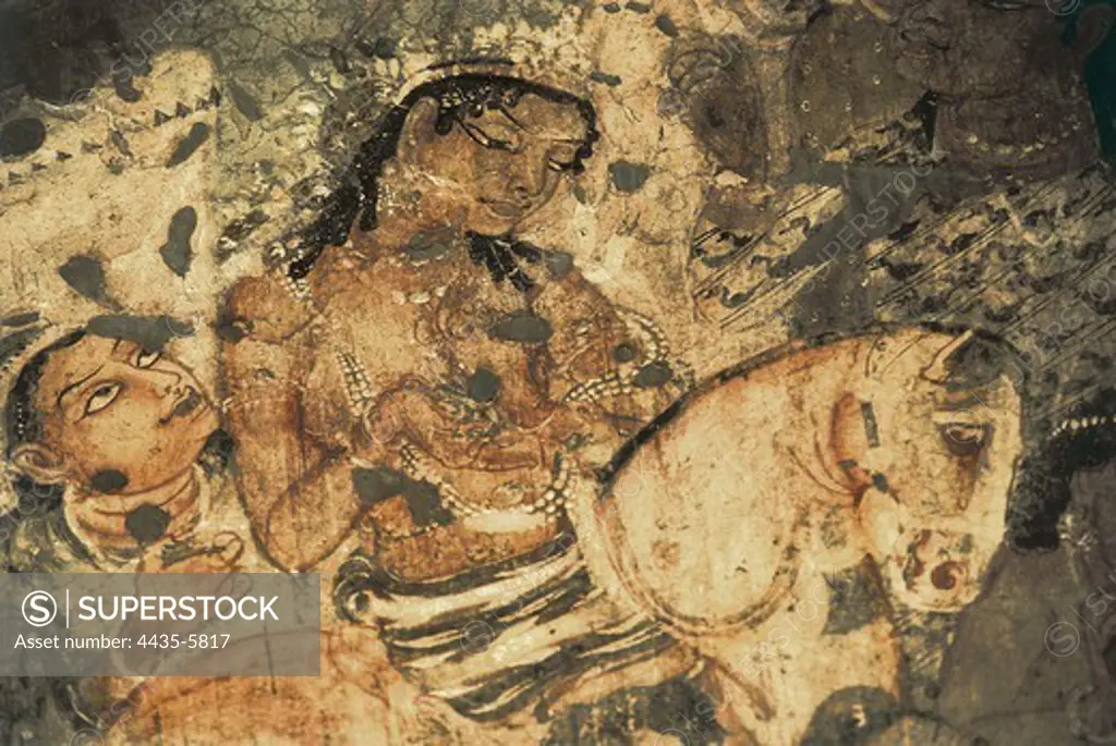 INDIA. Ajanta. Ajanta Caves. Detail with a feminine figure on horseback . Wall painting inside the cave n. 1 (5th-6th c.). Hindu art. Gupta period.