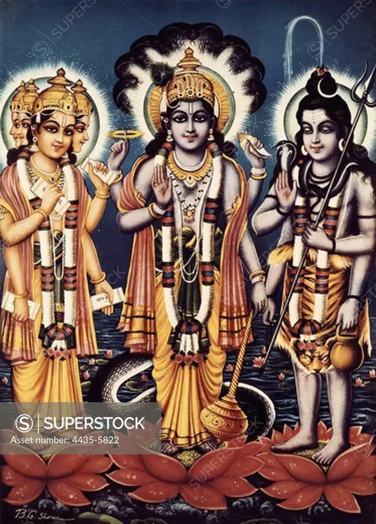 Trimurti ('three forms' in Sanskrit) of Brahma, Vishnu and Shiva. Triad of the three major gods of Hindu mythology. 20th. c. Illustration by B. G. Sharma. Miniature Painting.