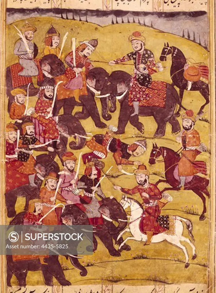Shahnameh. The Book of Kings. 16th c. Scene depicting a battle with several elephants. Miniature Painting. EGYPT. CAIRO. Cairo. National Library.