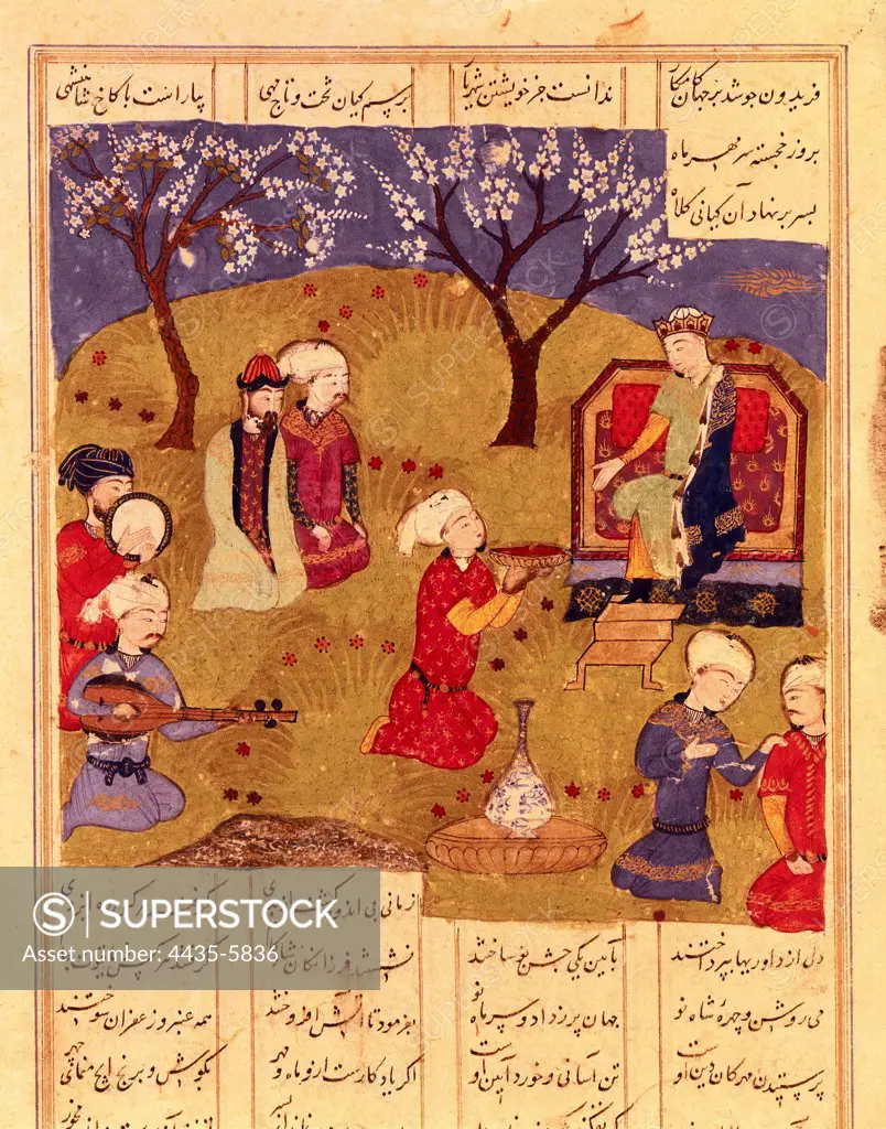 Shahnameh. The Book of Kings. 16th c. Faridun enthroned. Circa 1490 (Timurid Dinasty). Shiraz school. Persian art. Miniature Painting. FRANCE. ëLE-DE-FRANCE. Paris. National Library.