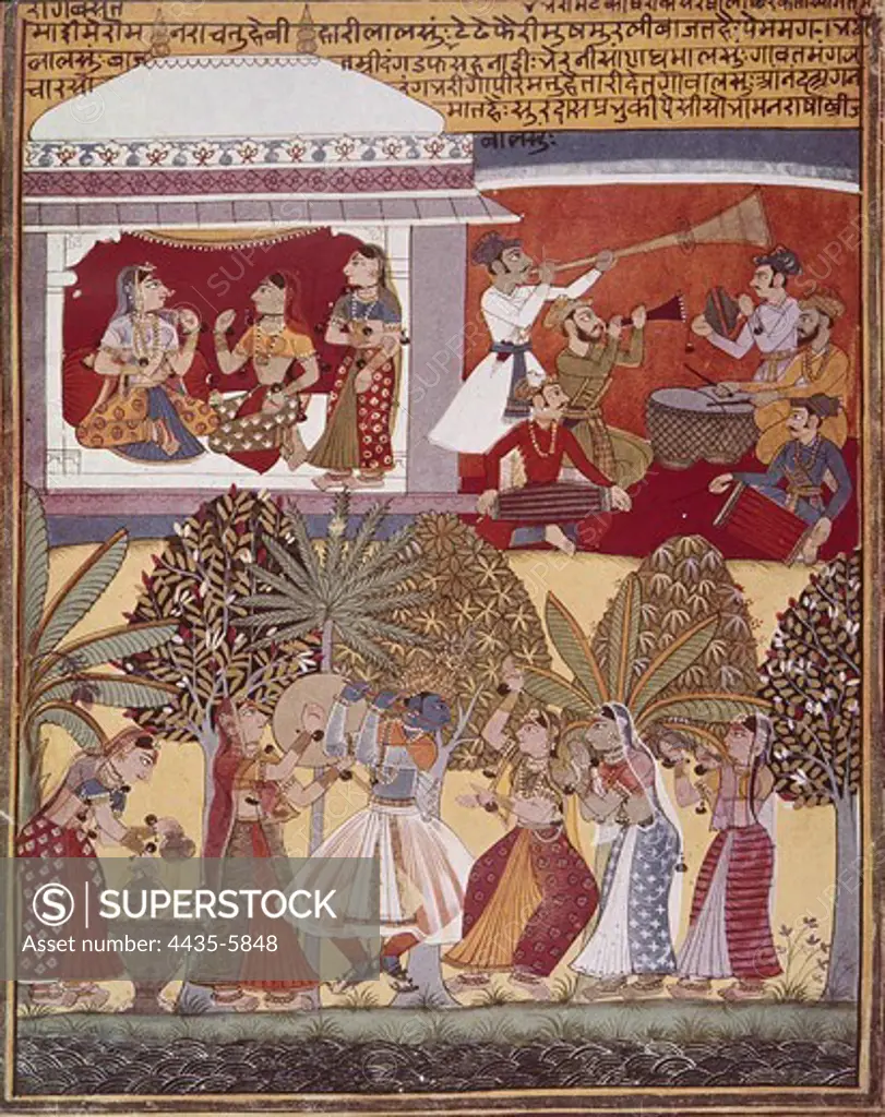 INDIA. Calcutta. Krishna's dance. Illustration from 'Surdas of Sur-Argar', 17th c. Hindu art. Miniature Painting.