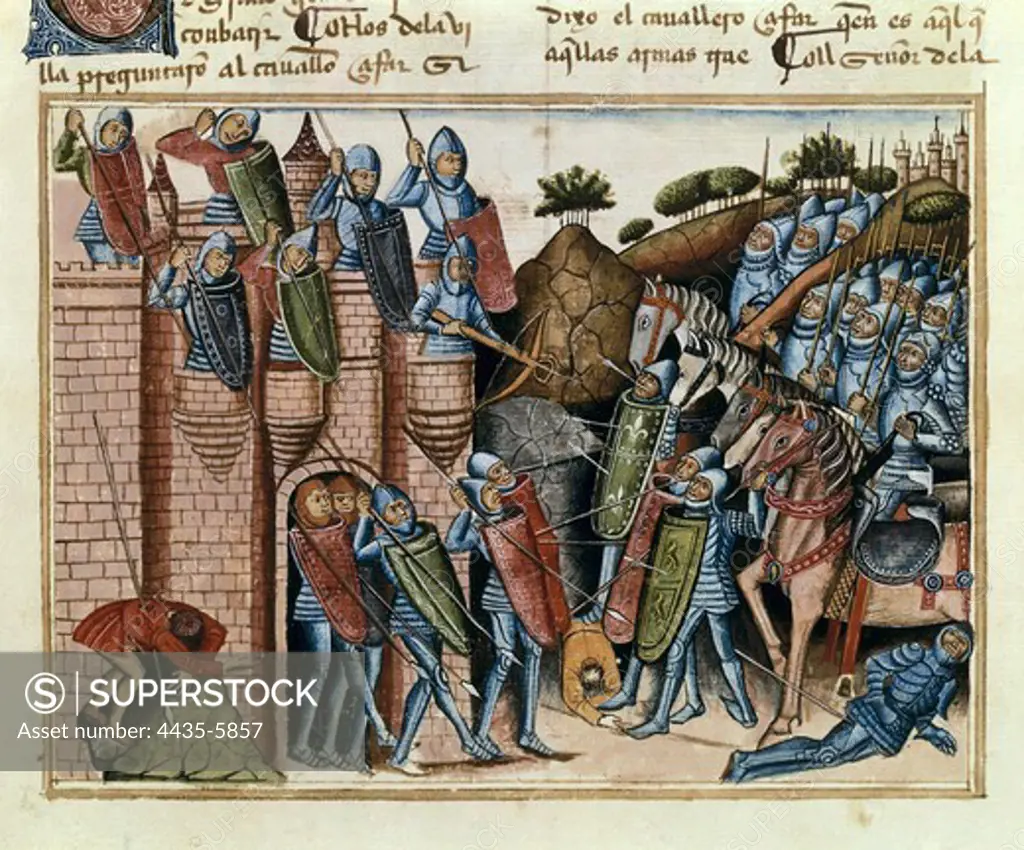 Book of Knight Zifar. ca. 1300. First adventures tale written in Spanish . Page depicting a city's conquest. Manuscript from Paris Ms.36, 1464. Gothic art. Miniature Painting. FRANCE. ëLE-DE-FRANCE. Paris. National Library.