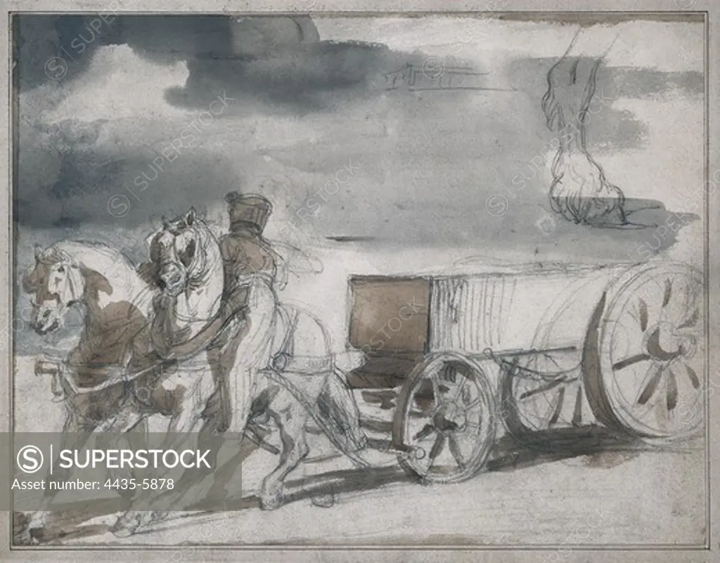 GƒRICAULT, ThŽodore (1791-1824). Munition Cart Drawn by Two Horses. 1818 - 1819. Graphite, paintbrush and watered ink on paper. Romanticism.