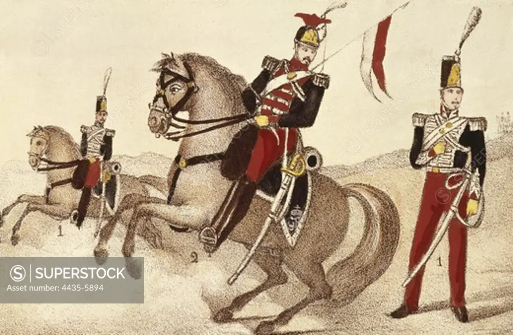 Spain. Hunters on horseback and lanciers of the Royal Guard (1833). Litography. SPAIN. MADRID (AUTONOMOUS COMMUNITY). Madrid. National Library.