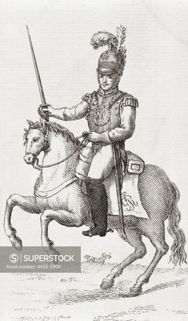 Cuirasser of the Spanish Royal Guard (1825). Engraving. SPAIN. MADRID (AUTONOMOUS COMMUNITY). Madrid. National Library.