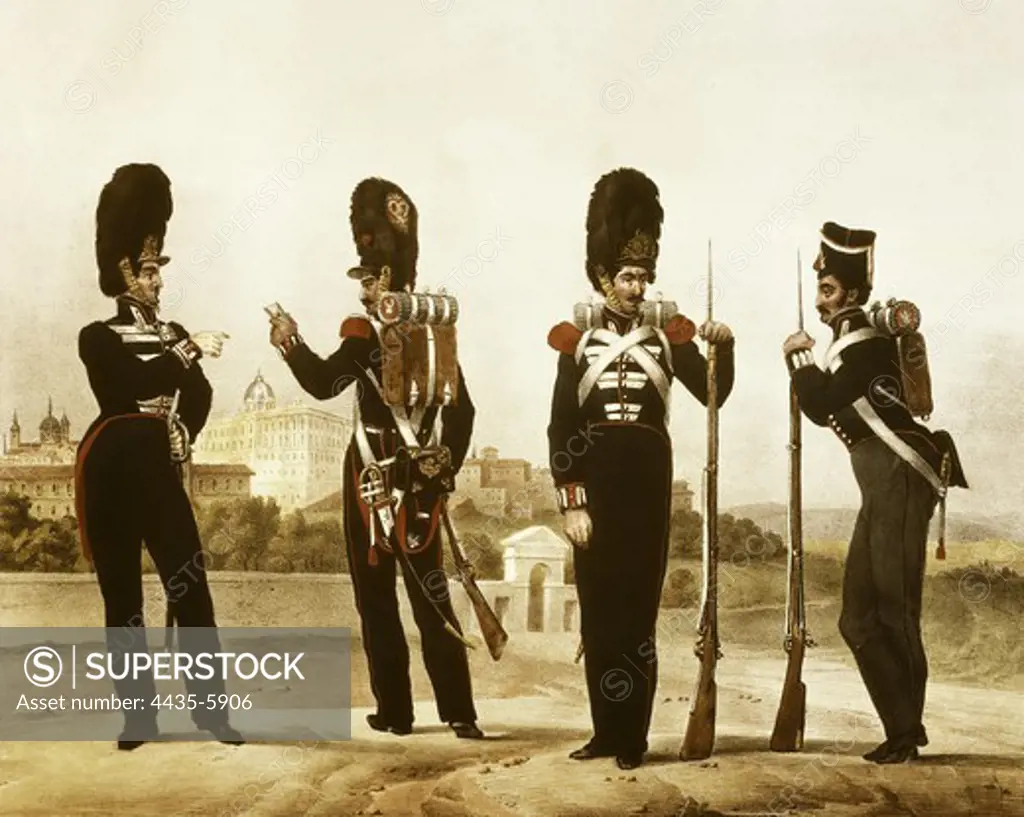 Spain (19th c.). Grenadiers of the Royal Guard. Picture of 'Coleccin de uniformes del Ejercito Espa-ol', by Marquis of Zambrano. Litography. SPAIN. MADRID (AUTONOMOUS COMMUNITY). Madrid. National Library.
