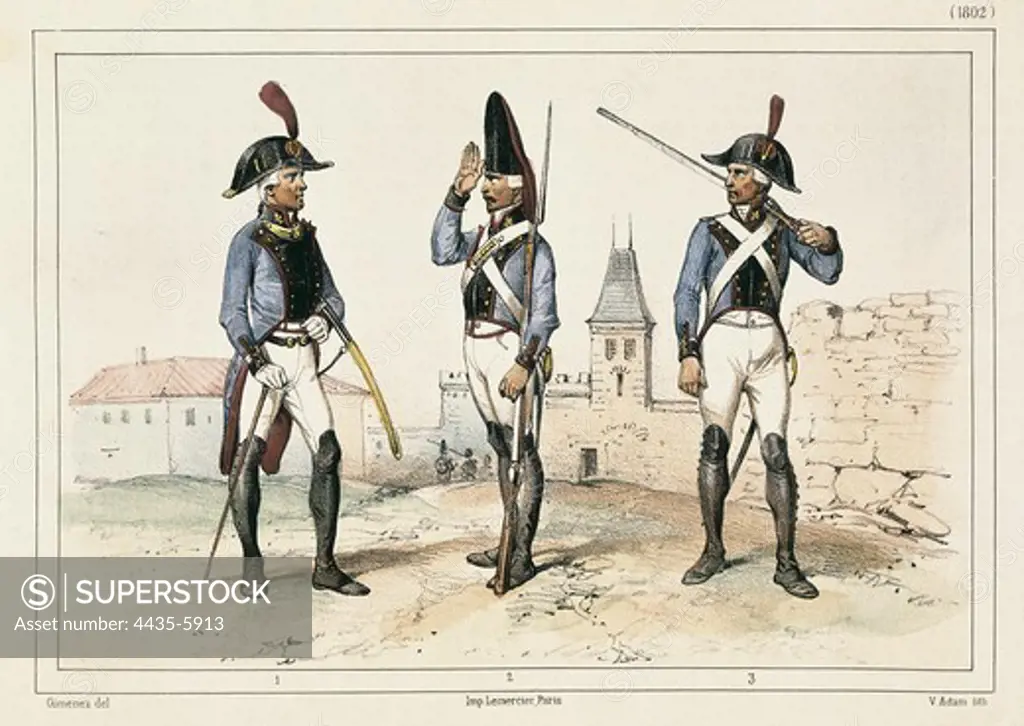 France. Military uniforms of 1802. Litography.