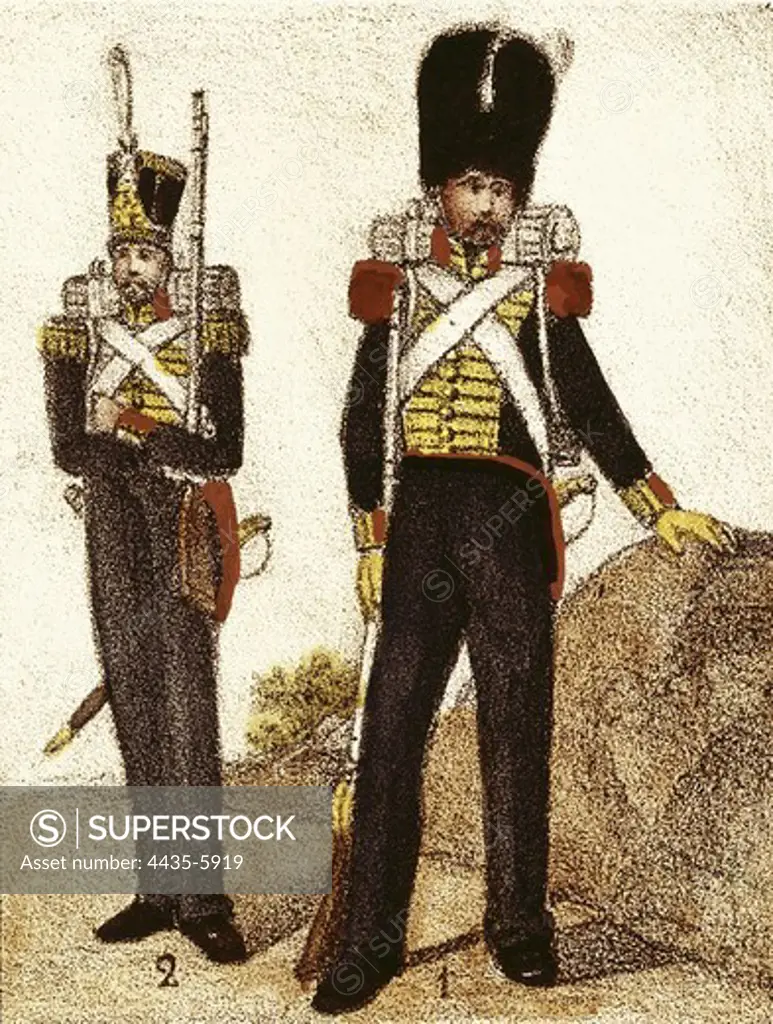 Spain (1833). Province Royal Guard. Grenadiers (1) and Hunterss (2),. Litography. SPAIN. MADRID (AUTONOMOUS COMMUNITY). Madrid. National Library.