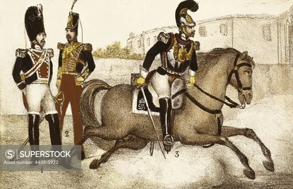 Spain (1833). Royal Guard. Grenadiers on horseback, artillery and cuirassiers. Litography. SPAIN. MADRID (AUTONOMOUS COMMUNITY). Madrid. National Library.