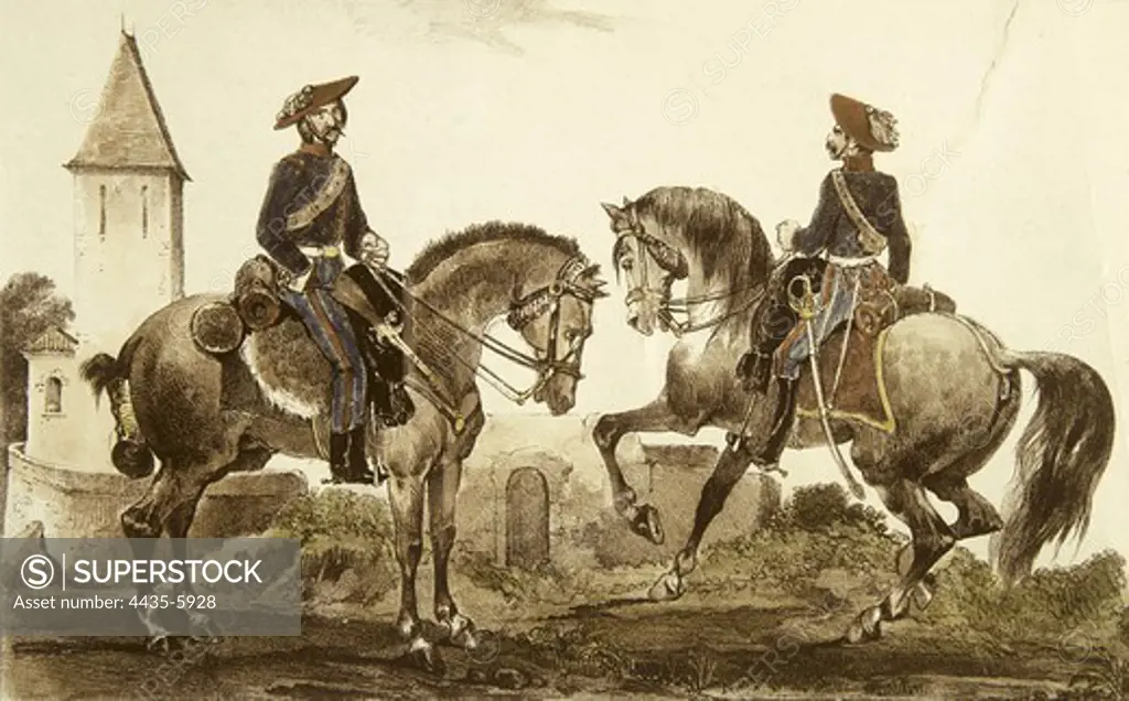 Spain (19th c.). Carlist Wars. Album of the Carlist troops of the North. Cavalry Honour Guard. Litography. Private Collection.
