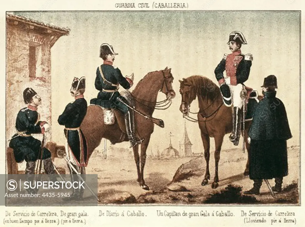 Spain (1858). Uniforms of the Civil Guard. Litography. FRANCE. ëLE-DE-FRANCE. Paris. National Library.