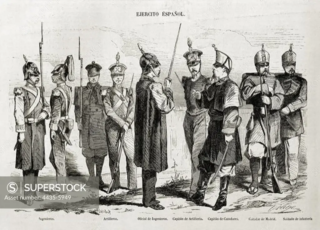 Spain (1860). The Spanish Army. Picture from 'El museo Universal'. Engraving. SPAIN. MADRID (AUTONOMOUS COMMUNITY). Madrid. National Library.