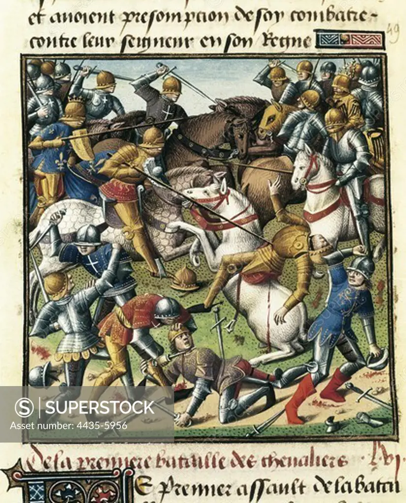 VINCENT of BEAUVAIS (1190-1264). Speculum historiale. ca. 1460. 'Speculum historiae', by Vincent de Beauvais. Edition translated by Jean de Vignay and illustrations by master Franois (15th c.). Battle between knights (Fol. 408r.). Gothic art. Miniature Painting. FRANCE. PICARDY. OISE. Chantilly. MusŽe CondŽ (CondŽ Museum).