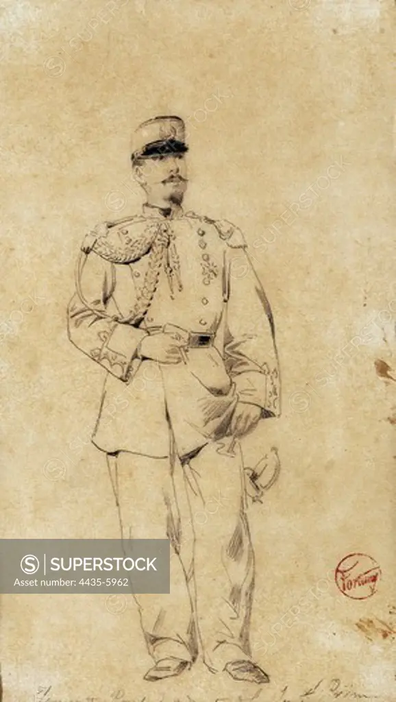 FORTUNY I MARSAL, Mariano (1838-1874). 'Lieutenant Adolf Pons, Assistant General Prim' (14 x 23 cm). Notes from the War of Africa 1860. Romanticism. Drawing. SPAIN. CATALONIA. TARRAGONA. Reus. Salvador Vilaseca Regional Museum.